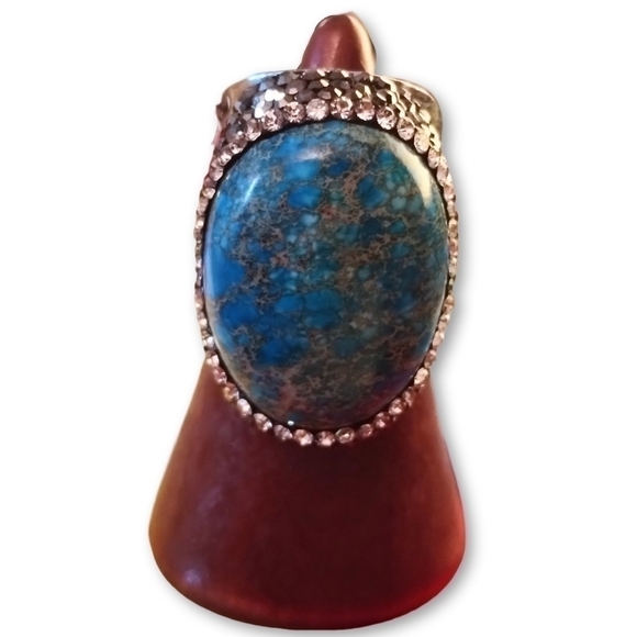 BEAUTIFUL Blue Turquoise Faux Stone Decor Diamond Statement Cuff Ring - Picture 1 of 12